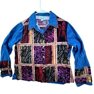 Haband Patchwork Button Up Women Size L Blue Multi-Color Boho Paisley Artsy FLAW